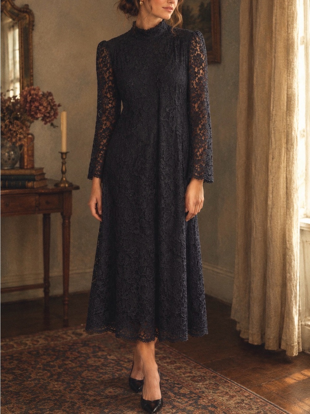 Vintage Mockneck Black Floral Lace Dress Sheer Size M/L BLAIR BOUTIQUE